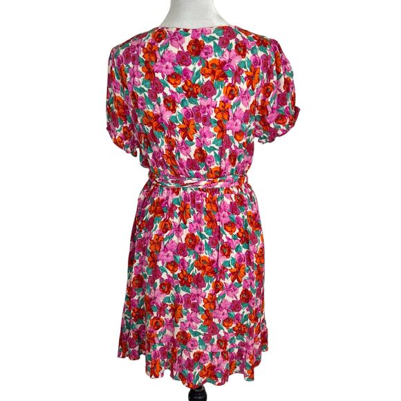 Zara Pink and Red Floral Print Short Sleeve Mini Wrap Dress Size Large - Picture 5 of 9